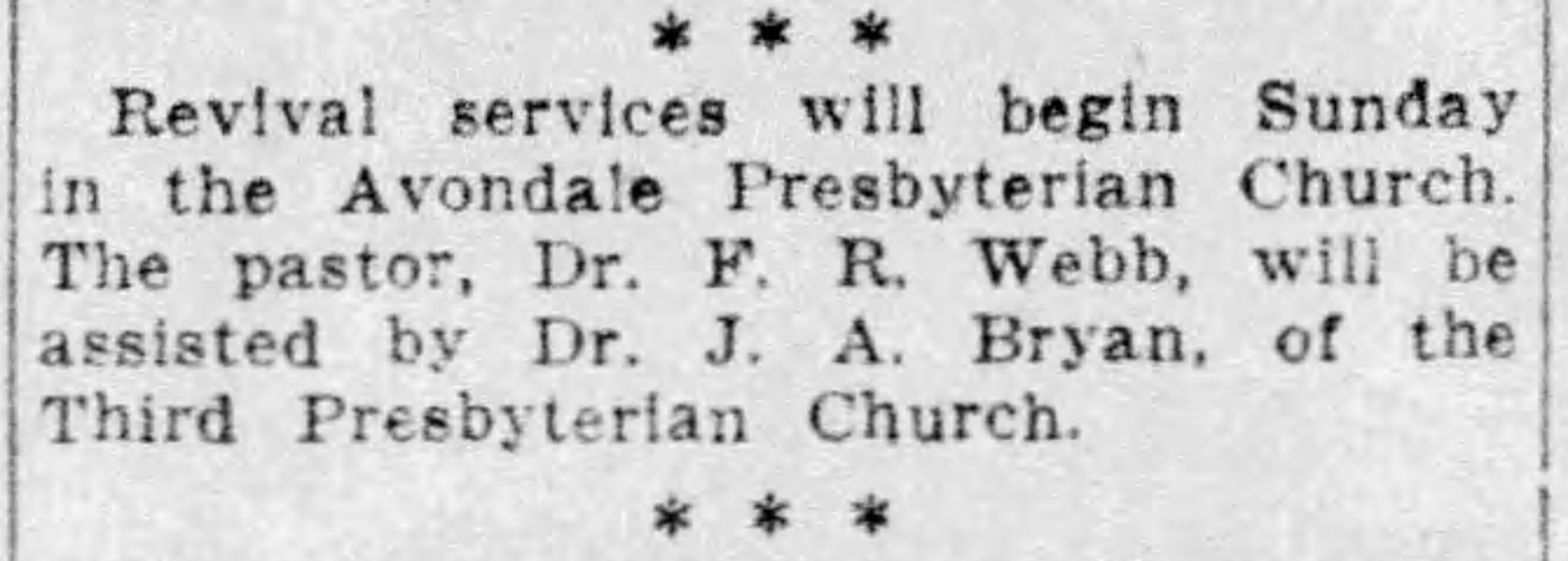 Revival Services at Avondale Presbyterian Church